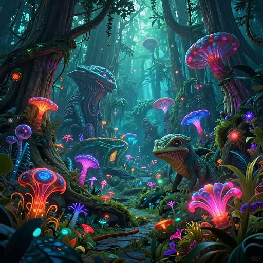 Digital fantasy artwork of a luminescent forest with glowing mushrooms, bioluminescent creatures, and neon-colored fungi under a mystical, blue-green twilight