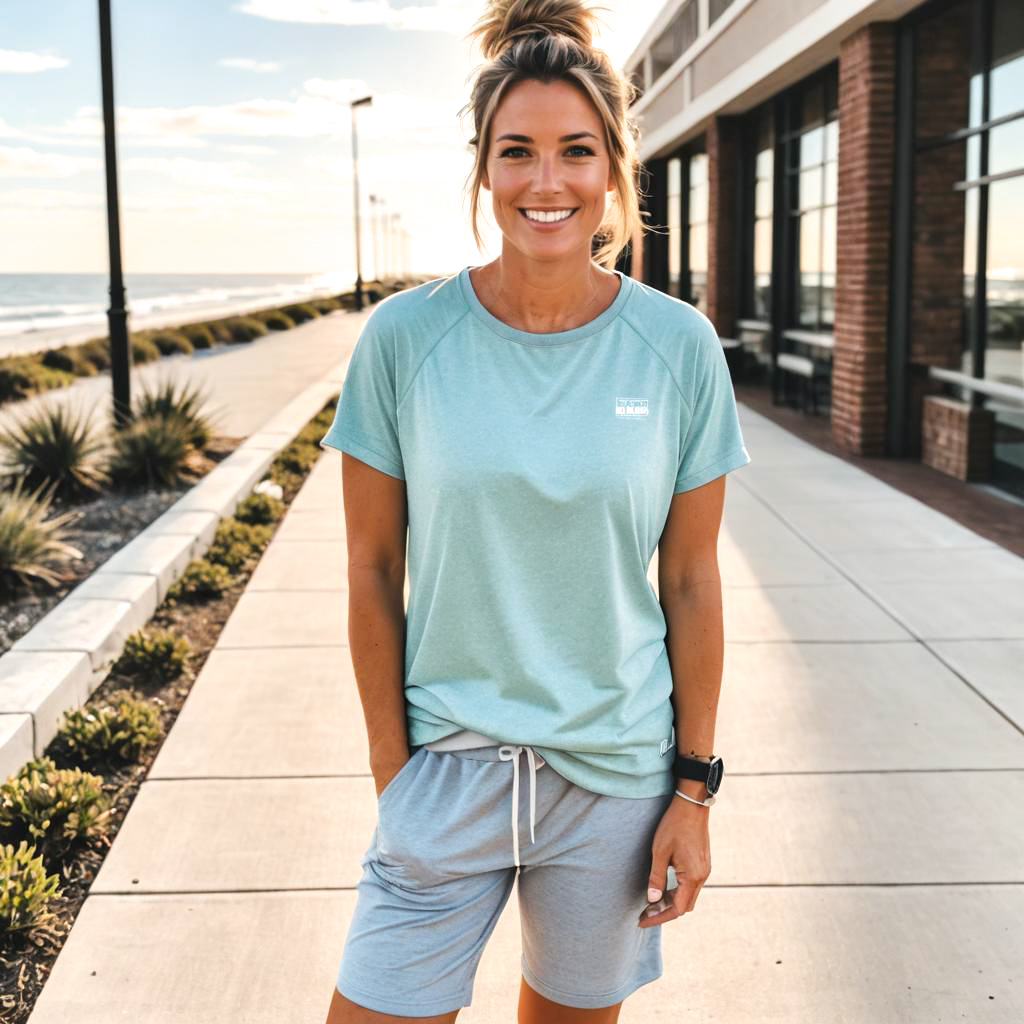 Casual Athletic Woman at Seaside Tables