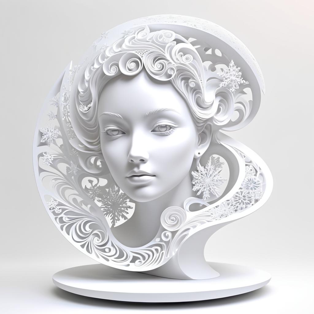 Intricate White Female Sculpture with Snowflakes