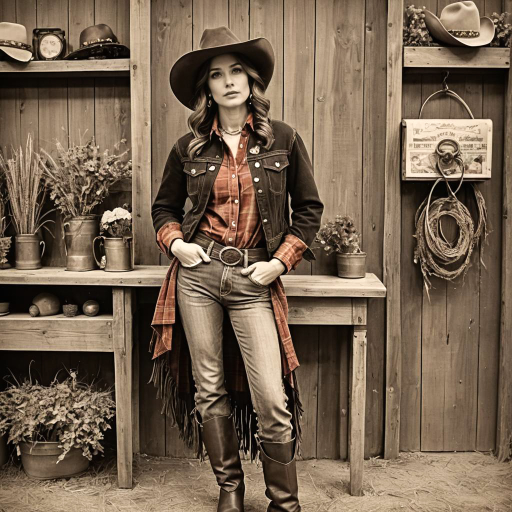 Rustic Cowgirl Fashion in Sepia Tone