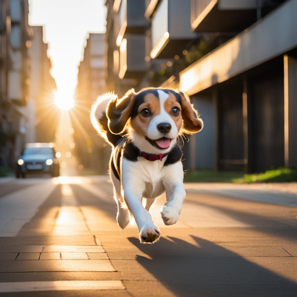 Beagle Running in Urban Morning Light