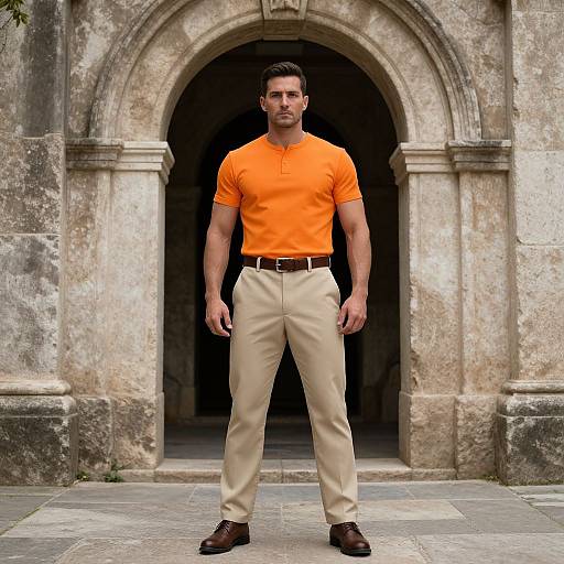 Photograph of a muscular man with short dark hair, wearing an orange polo shirt, beige pants, and brown shoes, standing confidently in front of a