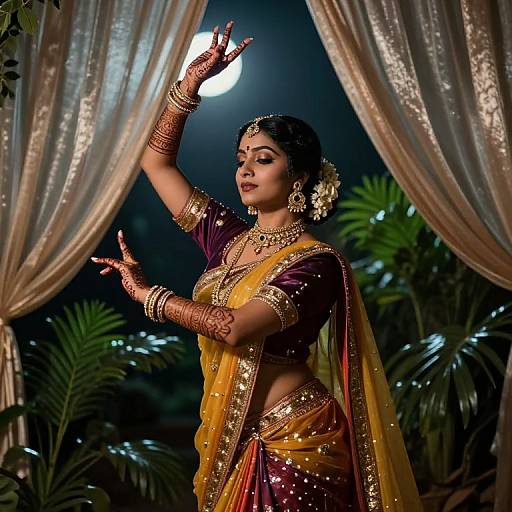 Photograph of a South Asian woman in a gold and purple traditional saree, adorned with jewelry, performing a dance under a moonlit night with draped