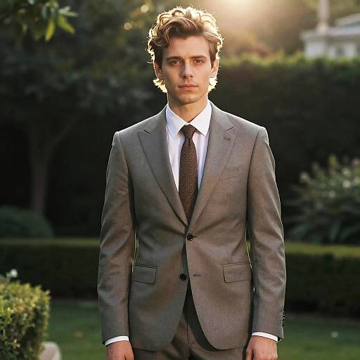 Photograph of a young man with curly brown hair, wearing a gray suit, white shirt, and dark tie, standing in a sunlit garden.