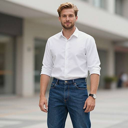 Photograph of a handsome, bearded man with light brown hair, wearing a white button-up shirt, blue jeans, and a black watch, standing