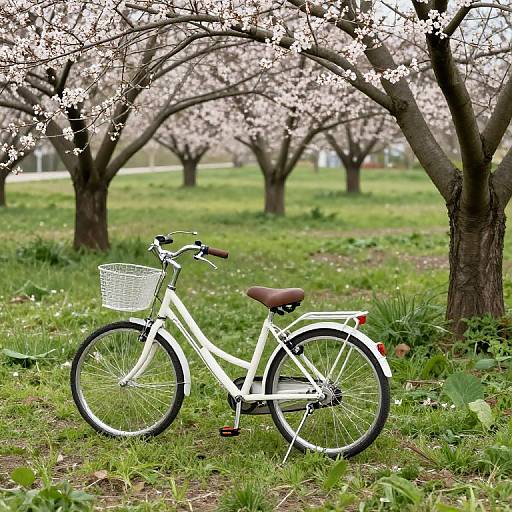 Photograph of a white bicycle with a wire basket, parked under cherry blossom trees in a grassy, green park.