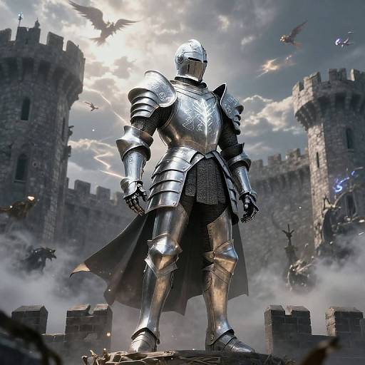 Digital art of a silver-armored knight with a helmet standing heroically in a misty, medieval castle courtyard with flying birds. Sunlight illuminates