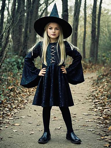 Girl in Iridescent Witch Costume in Forest
