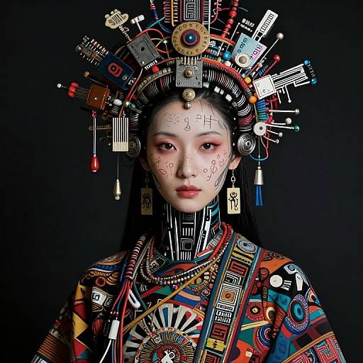 Digital art of an Asian woman with intricate, colorful, cybernetic headdress and patterned kimono, set against a black background.