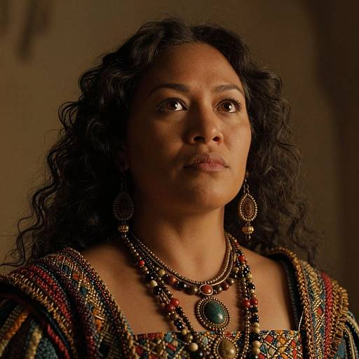 Photograph of a serious-looking South Asian woman with curly black hair, wearing ornate traditional jewelry and a colorful, patterned dress, against a dim