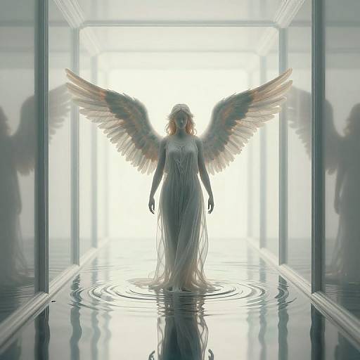 Digital artwork of a ethereal angel with large, multi-colored wings standing in a glowing, reflective corridor, water ripples at feet.
