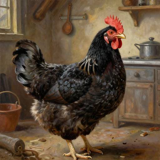 Digital painting of a black rooster with a red comb and wattles, standing in a rustic kitchen with wooden shelves, pots, and a metal stove