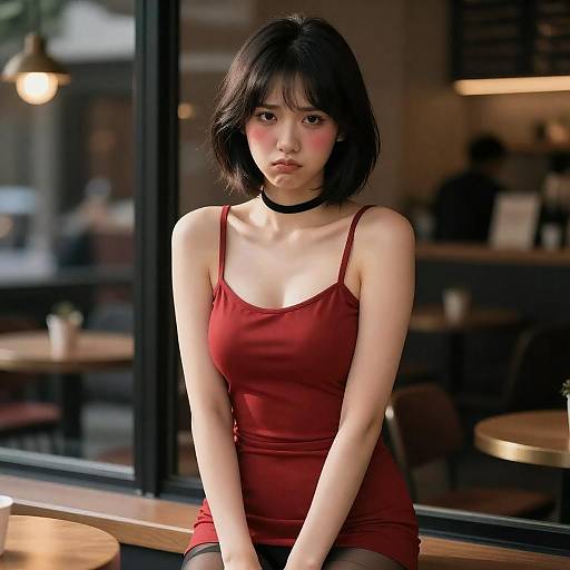 Portrait of Woman in Red Dress in Cafe