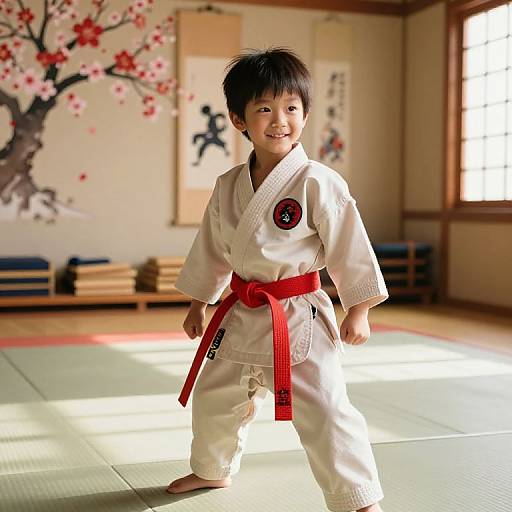 Confident Young Karate Boy in Dojo