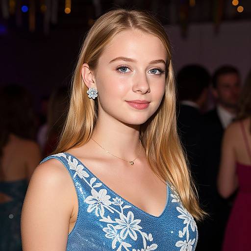 Photograph of a young blonde woman with fair skin, blue floral dress, star-shaped earrings, subtle smile, and blue eyes, in a dimly