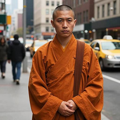 Serious Asian Buddhist Monk on Street
