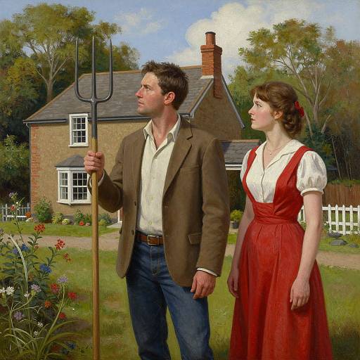 Painting of a man in a brown blazer and white shirt holding a pitchfork, standing beside a woman in a red dress and white blouse,