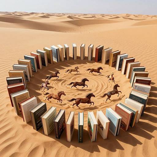 Circular arrangement of colorful books in desert, surrounded by running horses, creating a dynamic, surreal sand art installation.