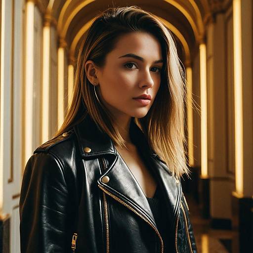 Woman in Vintage Leather Jacket in Luxury Hall