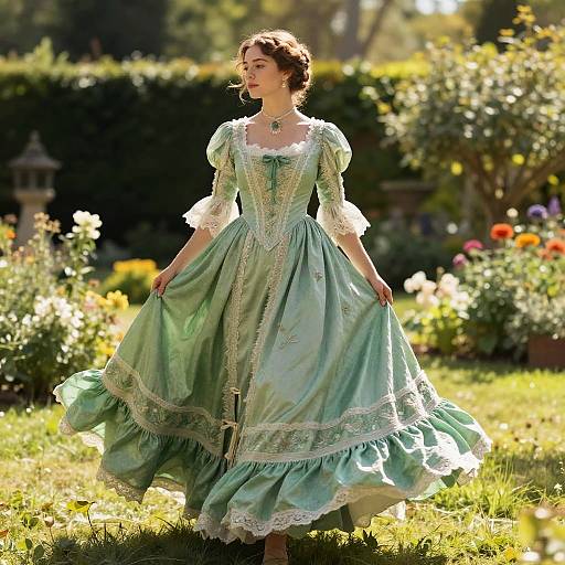 Victorian Green Dress in Sunlit Garden