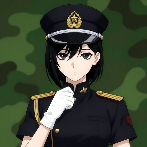 Anime-style digital drawing of a serious-looking young woman with black hair, wearing a black military uniform and cap, white glove, and camouflage background.