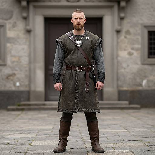 Photograph of a bearded man with a serious expression, wearing a medieval-style dark gray tunic, black long-sleeve shirt, belt,
