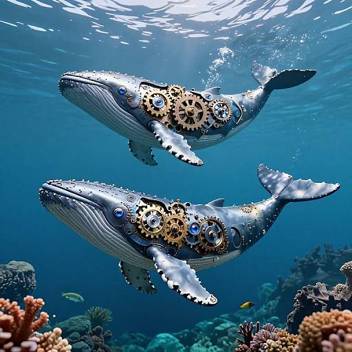 Photograph of two futuristic, gear-filled blue whales swimming underwater amidst vibrant coral reefs, with sunlight filtering through the clear ocean.