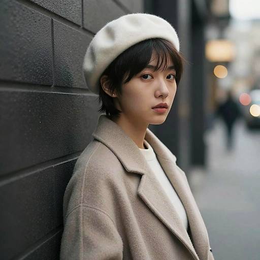 Photograph of an Asian woman with short black hair, wearing a white fur hat and beige coat, leaning against a dark brick wall in a blurred urban
