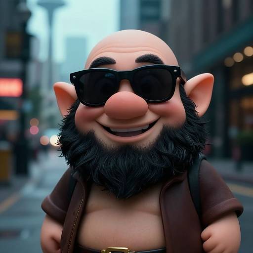 Smiling Male Dwarf Character in Neo-Noir Seattle