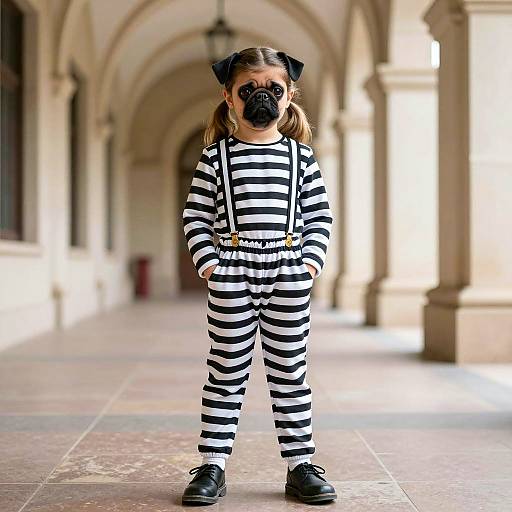 Girl in Pugsley Addams Costume with Dog Face Paint