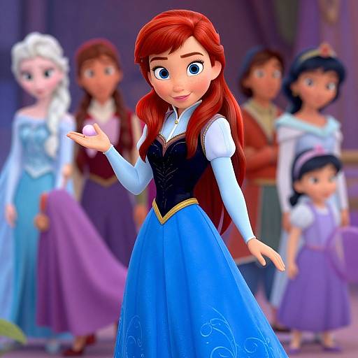 Digital CGI image of Elsa's younger sister, Anna from Frozen, with long red hair, blue dress, and black bodice, smiling and gesturing