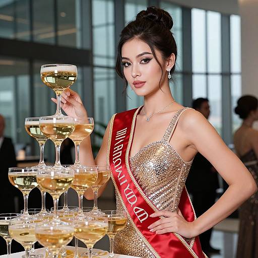 Asian woman with black hair in a bun, wearing a sparkling gold dress and red sash, holding a stack of wine glasses in an elegant, modern