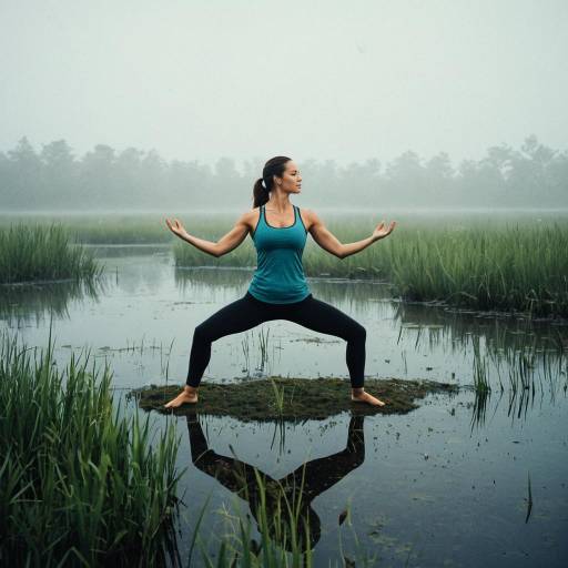 Woman Doing Yoga Pose in Misty Wetland