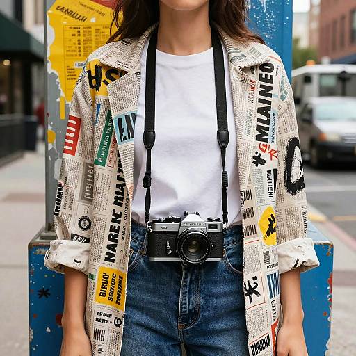 Photograph of a woman with dark hair, wearing a white newspaper-print jacket, white tee, and high-waisted jeans, with a camera strap