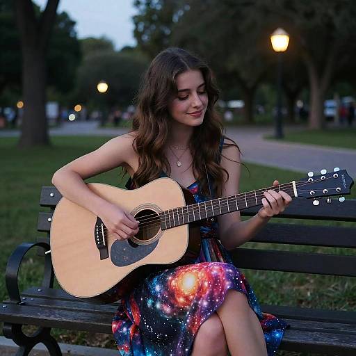 Photograph of a young woman with long brown hair, wearing a galaxy-patterned dress, playing an acoustic guitar on a park bench at dusk.