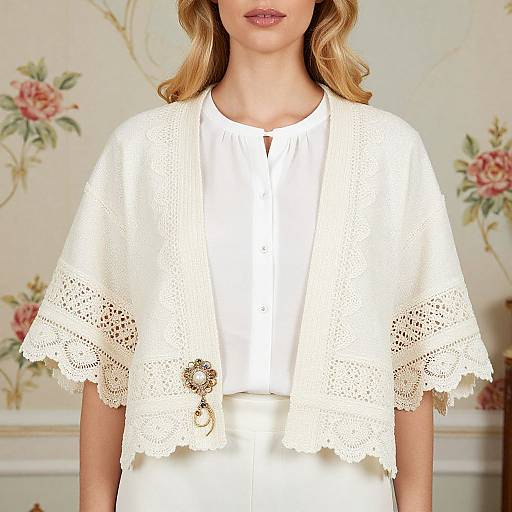 Elegant Blonde in Bohemian Lace Shrug