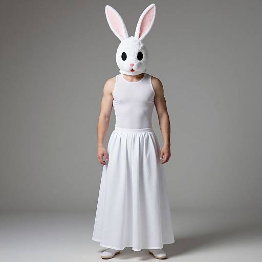 Photograph of a person wearing a white bunny mask with black eyes, a white sleeveless dress, and white shoes, standing against a gray gradient background