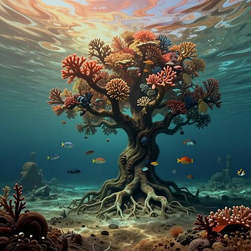 Digital art of a vibrant underwater tree with colorful corals and various fish, illuminated by sunlight filtering through the water.
