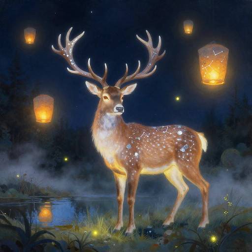Luminous Stag with Constellation Antlers in Moonlit Glade