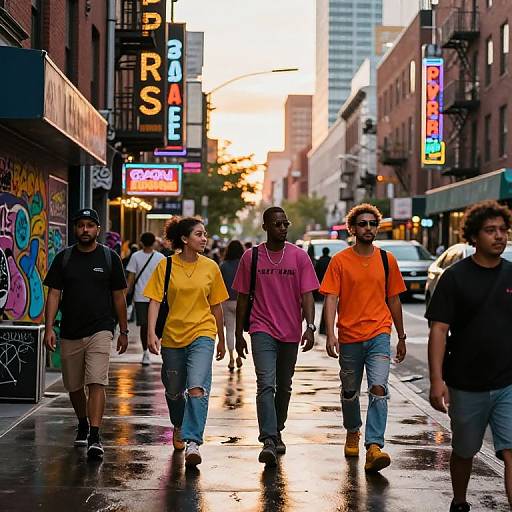 Photograph of diverse group walking on wet urban street at sunset, wearing colorful T-shirts; neon signs illuminate brick buildings.