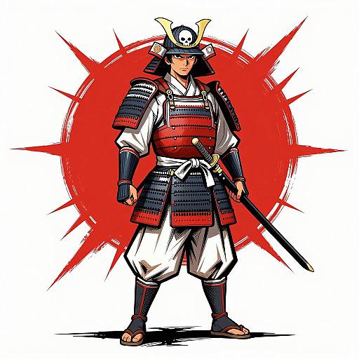 Determined Samurai with Red Sunburst Background