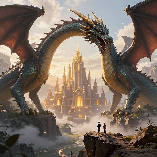 Digital fantasy artwork: massive blue dragon with red wings looms over a grand, golden castle at sunset; two silhouetted figures on rocky cliff