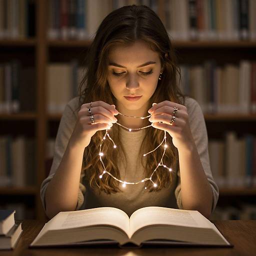 Photograph of a brown-haired woman in a beige sweater, holding string lights above an open book in a dimly lit library.