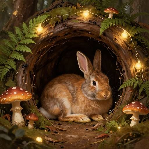 Photograph of a brown rabbit in a cozy, wooden tunnel adorned with fairy lights, ferns, and red-capped mushrooms.