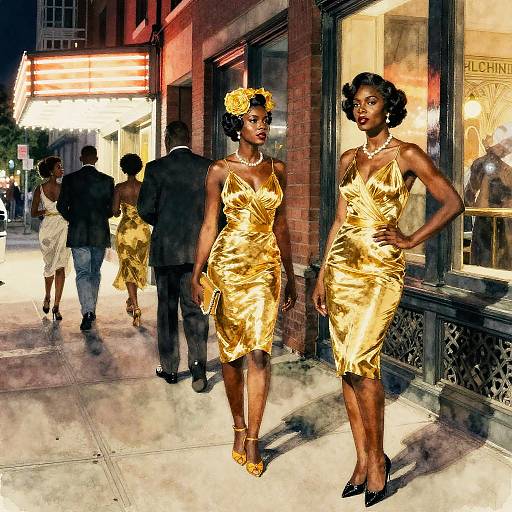 Nighttime photograph of two African-American women in gold satin dresses and matching hats, standing on a brightly lit city sidewalk, with several men in suits walking