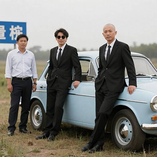 Three Men Beside Vintage Blue Car