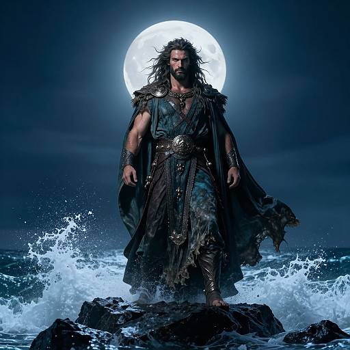 Photograph-style digital art of a muscular, bearded man with long, wild hair, wearing a dark, tattered, ancient warrior outfit, standing