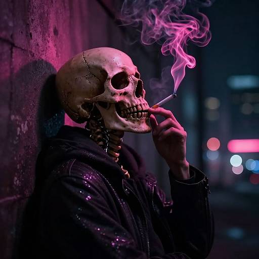 Photograph of a skeletal figure with a cracked skull, smoking a cigarette, wearing a black jacket, in a neon-lit, urban alley. Pink