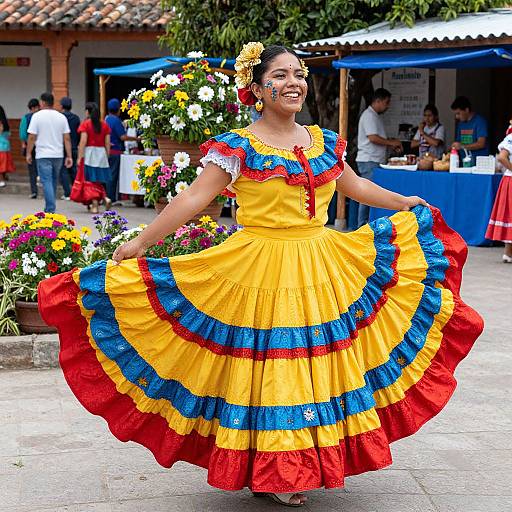Photograph of a smiling Latina woman in a vibrant yellow, blue, and red traditional Mexican dress, dancing in a colorful outdoor market with flowers and people