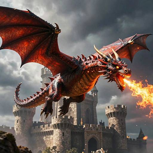 Majestic Dragon Above Medieval Castle